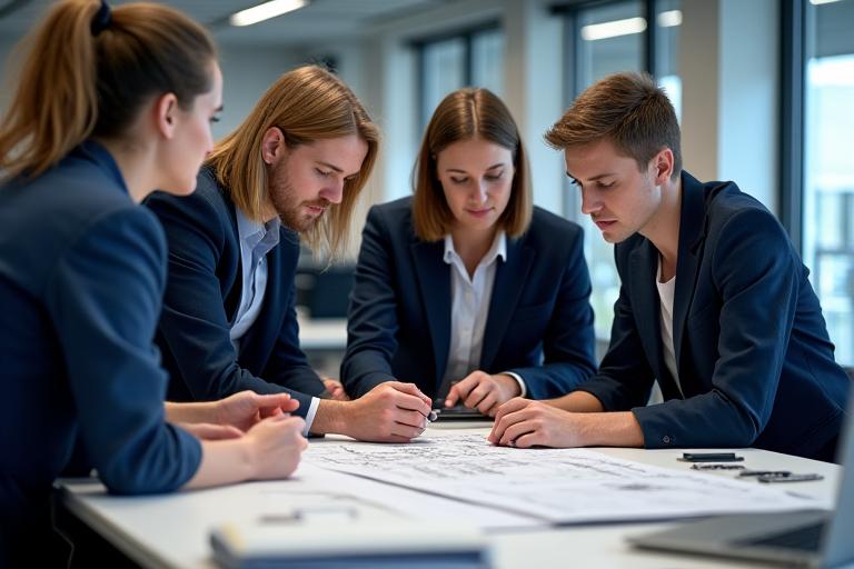 Il team di ingegneri di Stelo di Ferro discute un progetto tecnico.