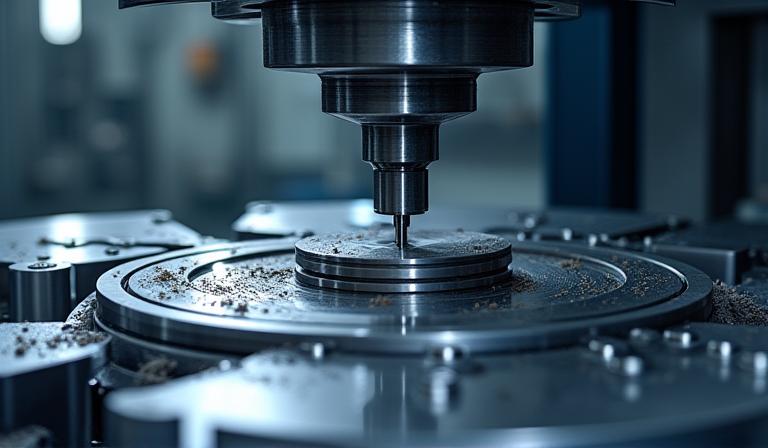 Dettaglio di un centro di lavoro a 5 assi in funzione.