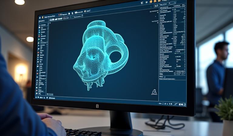 Schermata di un software CAD/CAM con un modello 3D di un componente meccanico.